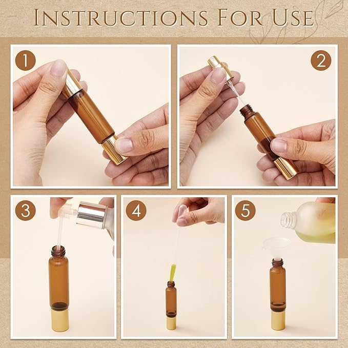 Domensi 20 Pack Dual-head Perfume Roller Bottles, 10ml Travel Refillable Bottles with Roller Ball & Spray for Essential Oils & Cologne, Leakproof Travel Atomizer with Funnel Tool(Amber)