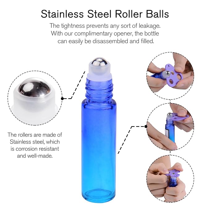PrettyCare 60 Pack, 10 ml Essential Oil Roller Bottles with Stainless Steel Roller Ball - Bulk Refillable Leak-proof Empty Thick Rainbow Glass Roll on Bottles with Metal Caps for Travel, Perfume