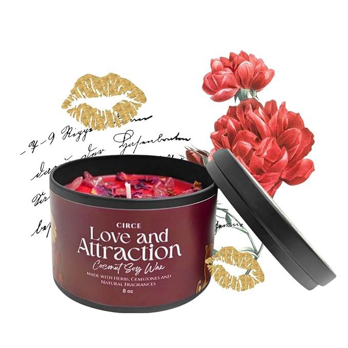Circe Spell Candle “Love & Attraction” Coconut Soy Wax Candle Jar – Premium Hand Poured & Long Burning – Herbs, Crystals & Natural Fragrance Oils- Draw Love, Connection & Passion- Self Care, Gift- 8oz
