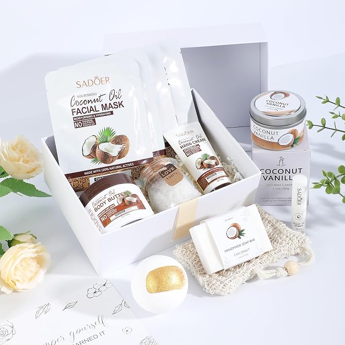 Coconut Spa Gifts for Women Birthday Self Care Kit Mothers Gifts Basket Thank You Relaxing Bath Sets for Moms Friends Co-worker Daughter Girlfriend Grandma Sister Teacher Daughter-in-Law