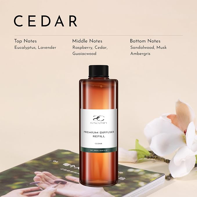 Diffuser Oil Refill, 250ml / 8.45 fl oz, Cedar - Reed & Aromatherapy Diffuser Oil, Long-Lasting Home Fragrance, Eucalyptus, Cedar & Sandalwood Notes