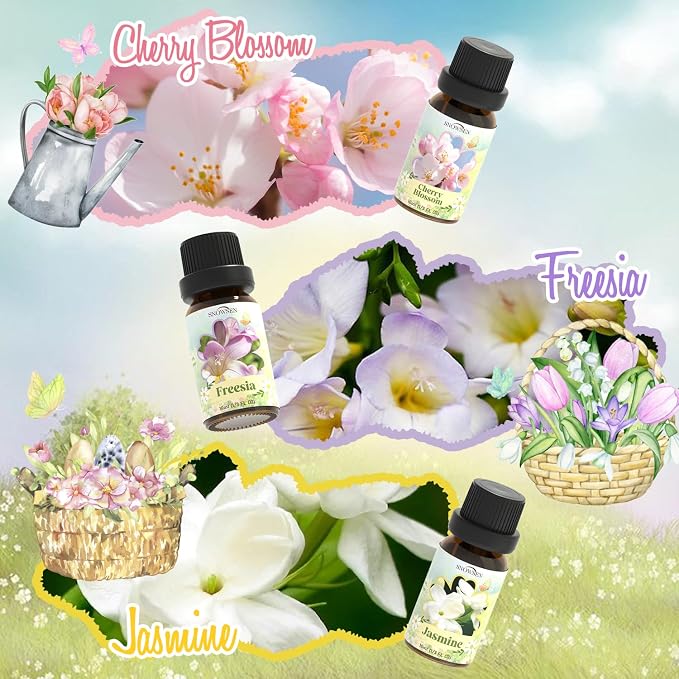 Spring Essential Oil Set of Premium Fragrance Oils for Diffuser- Includes Cherry Blossom, Fresh Cut Grass, Spring Rain, Bamboo, Freesia, Jasmine Diffuser Oils, Candle Making for Aromatherapy, Home Car