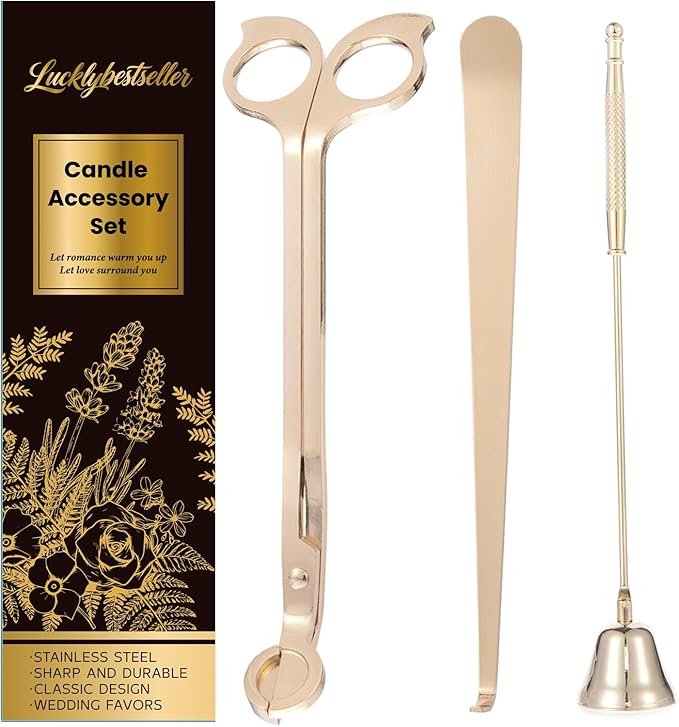 3 in 1 Candle Accessory Set,Large Candle Wick Trimmer Snuffer Extinguisher Dipper with Long Handle,Polished Stainless Steel Candle Wick Scissor Cutter Clipper Kit (Golden)