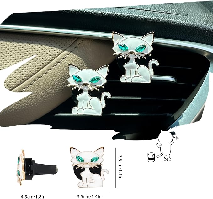 ORIESSE Cat Car Accessories 2pcs White Cat Car Air Freshener Vent Clips kawaii Interior decoration for Women Teens Refillable Diffuser