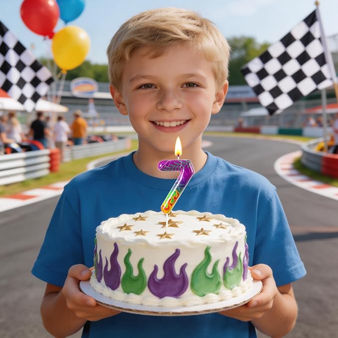 Number 7 Birthday Candle for Cake – Purple Green Flame Design with Lightning & Tire Track Pattern – Off-Road Truck Theme Cake Topper for Birthday Party Decoration