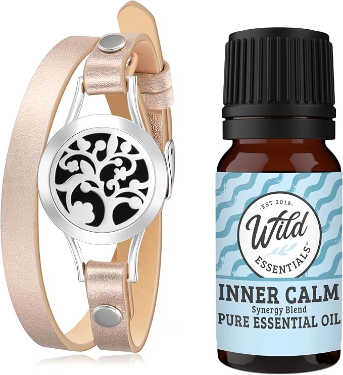 Wild Essentials Arbol Tree Essential Oil Leather Wrap Bracelet Diffuser Kit, Gift Set, with 10ml Inner Calm Essential Oil Blend, 12 Pads, Customizable Color Changing Perfume Jewelry, Aromatherapy