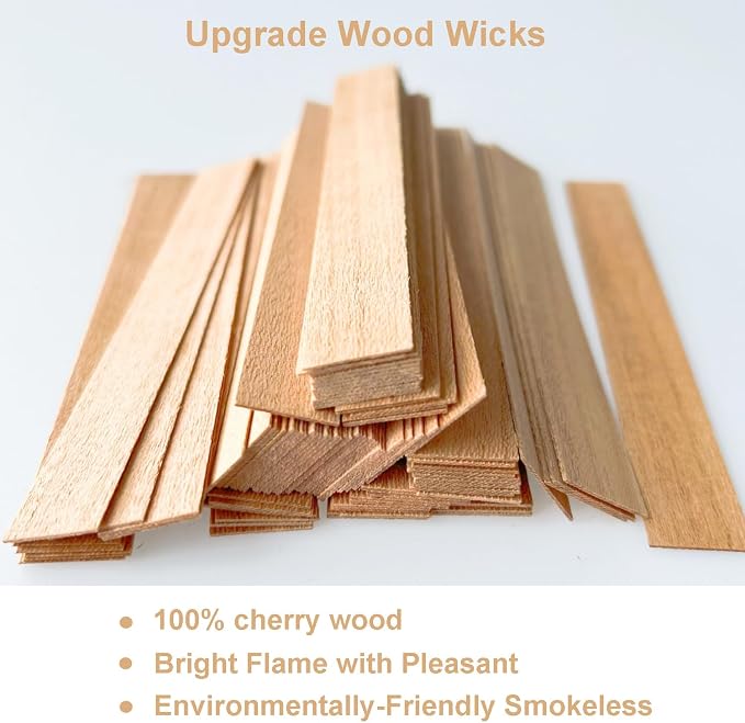 300 Pcs Smokeless Cherry Wood Candle Wicks, Long Lasting Flame, Easily Burn, Candle Cores with Stand and Glue Dot, Warning Label for DIY Candle Making
