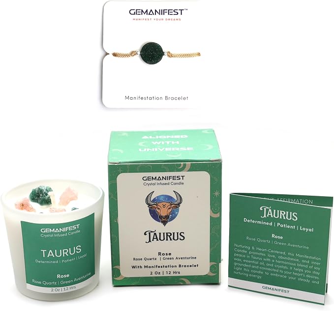 Taurus Zodiac Candle with Bracelet, Rose Scented, Taurus Crystals Birthstone Gifts for Women, Mom, Grandma, Candle Lovers