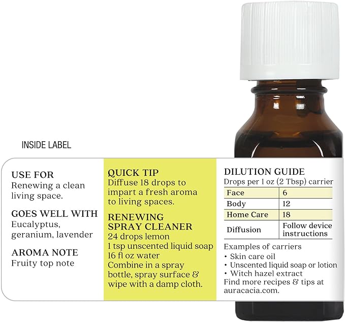 Aura Cacia Lemon Essential Oil, Citrus Limon Oil, Bright Aromatherapy for Diffusers, Room Sprays, Skincare, Custom Blends | 0.5 Fl Oz (Pack of 1)