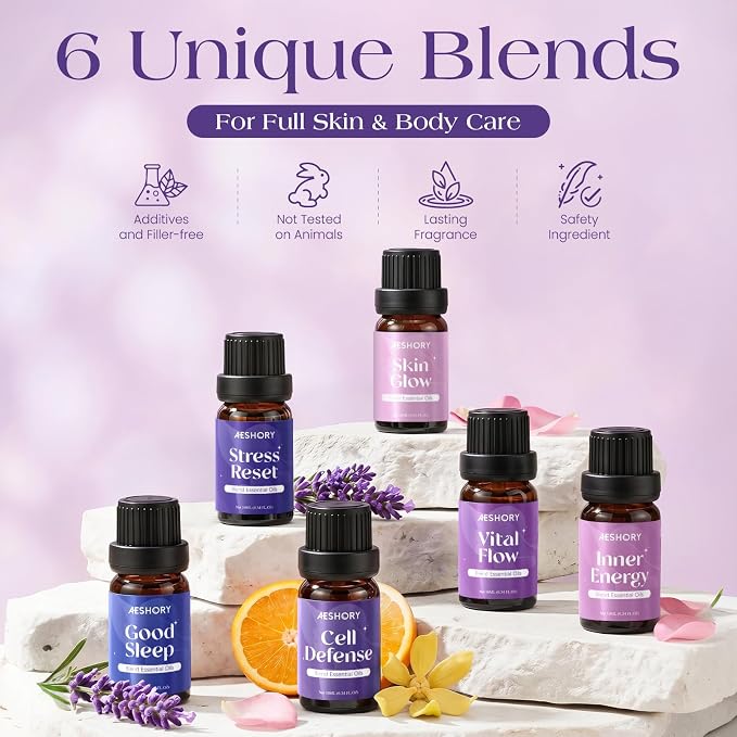 AESHORY Well-Aging Essential Oils Set, 6 Premium Aromatherapy Blend Oils for Diffusers for Home, Self Care & Relaxation Gift for Women, Good Sleep, Stress Reset, Vital Flow, Skin Glow, 6 x 10ML