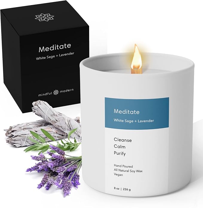 Mindful Modern Natural Meditate Candle | White Sage and Lavender Hand-Poured Soy Wax Stress Relief | Aromatherapy Candle | Elegant Scented Home Fragrance | Clean, Even, Longer Burn | 8 oz Glass Jar
