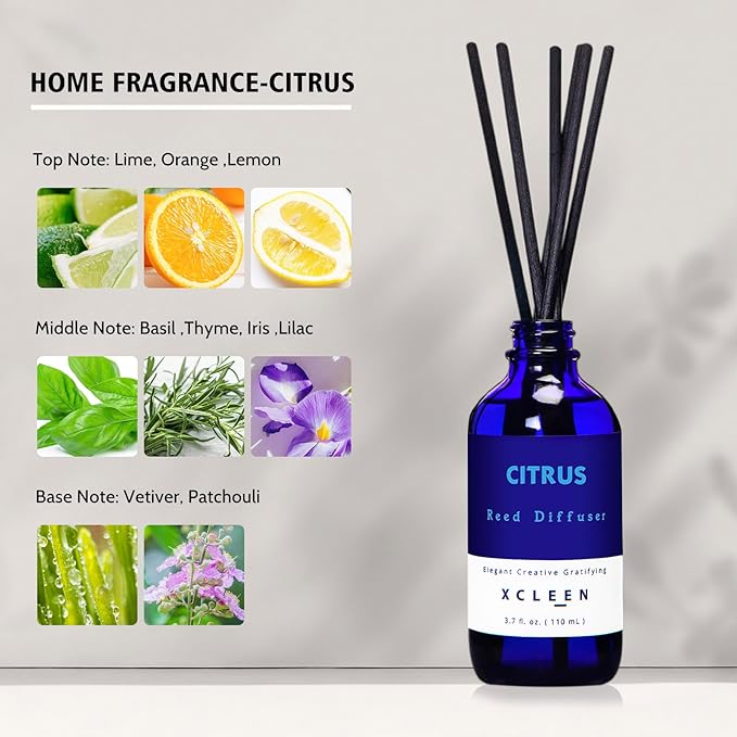 Xcleen Citrus Scented Reed Diffuser, Orange, Lime & Lemon Oil Reed Diffuser, Real Citrus! Holiday Home Fragrance for Bathroom Office Decor