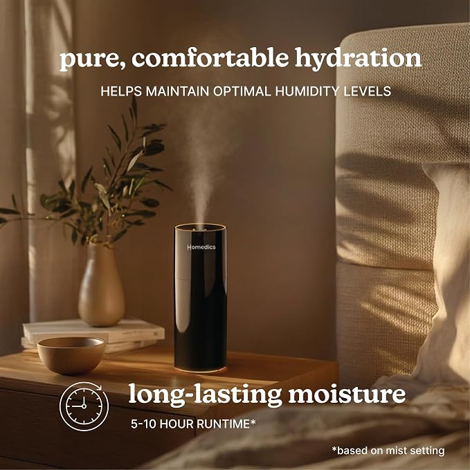 Homedics Portable Humidifier – Small Ultrasonic Cool Mist Humidifier for Bedroom, Desk & Travel, Mini Personal Humidifier, 7.7 oz Tank, Auto Shutoff, Night Light, Rechargeable (Gloss Black)