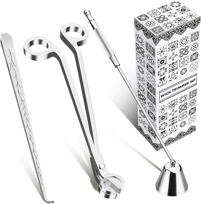 calary Candle Wick Trimmer, Candle Snuffer and Wick Dipper & Candle Accessory Set, 3 in 1 Candle Care Kit for Candle Lover (Silvery)