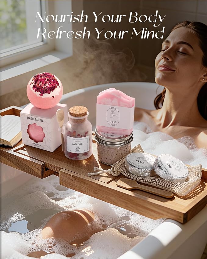 Rose Spa Gifts for Women - 12pc Self-care Spa Gift Basket with Scented Candle, Bath Salt, Greeting Card - Thinking of You Basket for Her Birthday, Christmas, Mother's Day, Valentine's Day