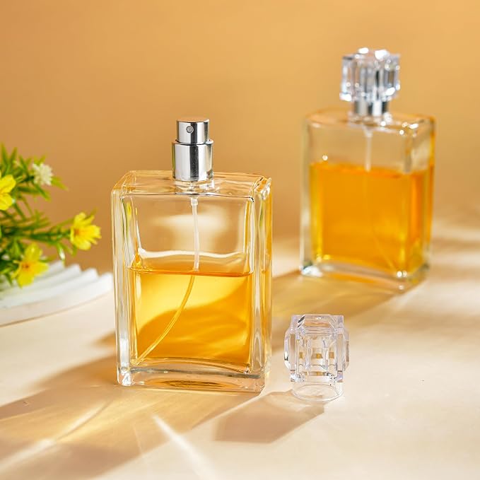 YU FENG 2 Pack Perfume Spray Bottles, 100ml/3.4oz Refillable Glass Perfume Atomizer, Empty Square Clear Glass Cologne Bottles with Fine Mist Spray