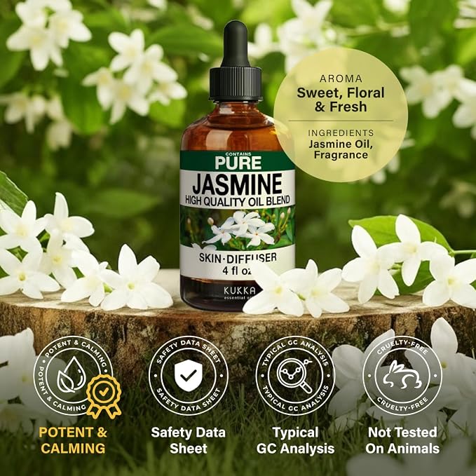 100% Pure Jasmine Oil - 4 Fl Oz Jasmine Essential Oil for Hair, Skin, Diffuser, Aromatherapy & DIY Soap Making Scent