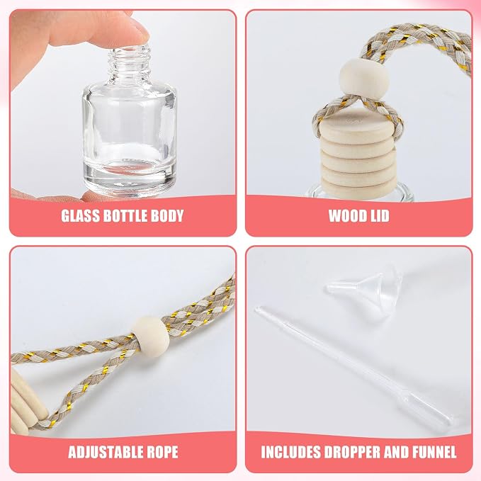 60 Pcs Car Diffuser Bottle Set with Wooden Caps,Dropper and Funnel, Empty Glass Car Air Freshener Bottle Bulk Hanging Essential Oil Fragrance Pendants for Car Decor，Can DIY Car Air Freshners Diffuser