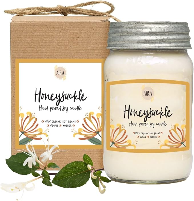 Aira Soy Candles - Organic, Kosher, Vegan Soy Candles w/Therapeutic Grade Essential Oil - Hand-poured w/Pure Soy Candle Wax - Paraffin Free, Burns 110+ Hours - Spring Candle Honeysuckle - 16 Ounces