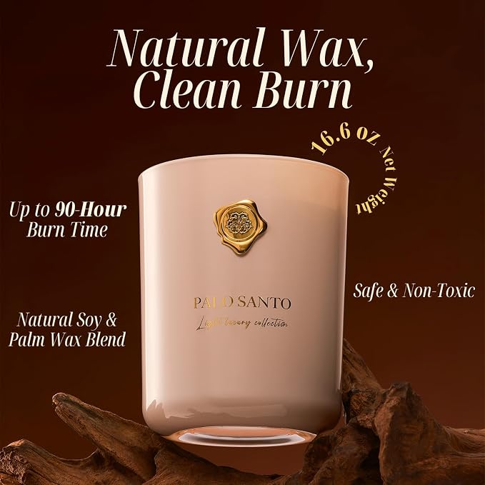 M&SENSE Palo & Santo Scented Candle | 90-Hour Burn, 16.6 oz | Long-Lasting for Mood Healing and Gifting | Natural Non-Toxic Soy Wax | for Bathroom, Kitchen, Office