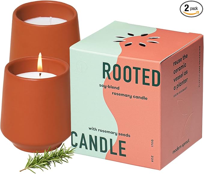 Modern Sprout Soy Candle Planter - Grows Rosemary - Cucumber Scent - 2-Pack | 2 in 1 - Soy Candles -6 oz w/42-hr burn each - cucumber scent - ceramic vessel reuses as a planter for non-GMO rosemary seeds