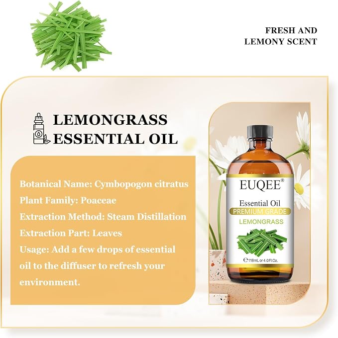 EUQEE Lemongrass Essential Oil 118ml Premium Lemongrass Oil with Glass Dropper, Great for Diffuser, Candle Making - 4Fl. Oz