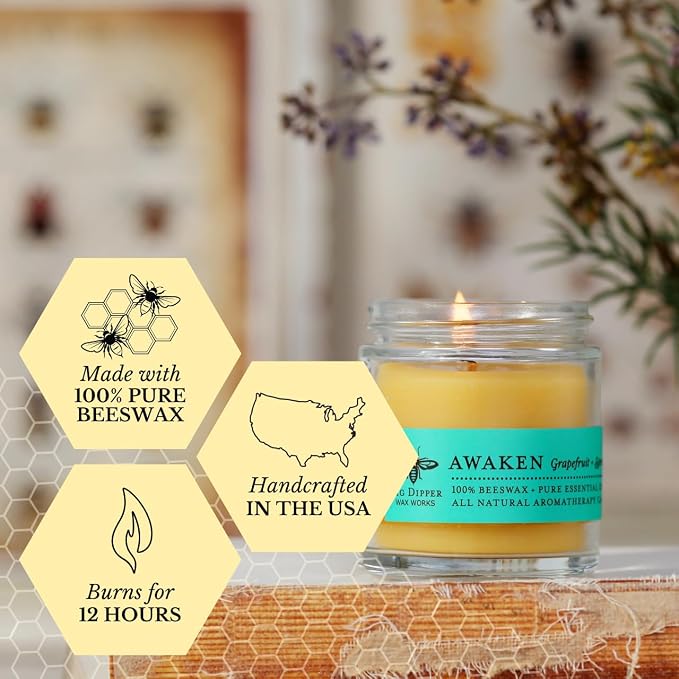 Big Dipper Wax Works Beeswax Aromatherapy Candle – Awaken, Grapefruit & Spruce, Apothecary Glass 2” x 2.5” – 25-Hour Burn, 100% Pure Beeswax with Essential Oils, Clean & Eco-Friendly