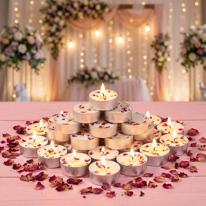 Rose Scented Tealight Candles 64 Pack - 4-Hour Palm Wax White Tea Lights, Plant Dried Flower Tea Lights Candle (Paraffin-Free), Scented Votive Candles for Home/Yoga/Bath/Meditation