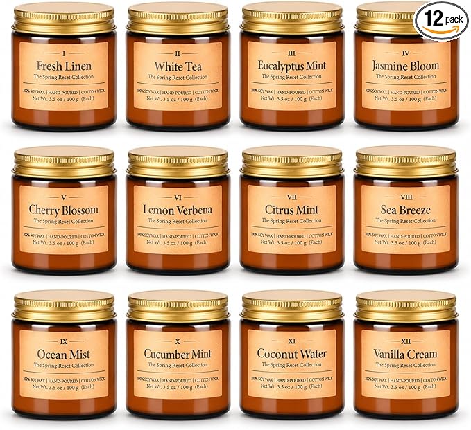 12 Pack Summer Scented Candles, 3.5 oz Amber Glass Jar Soy Candle Set, 8% Essential Oil Blend, Gifts for Women Birthday Housewarming