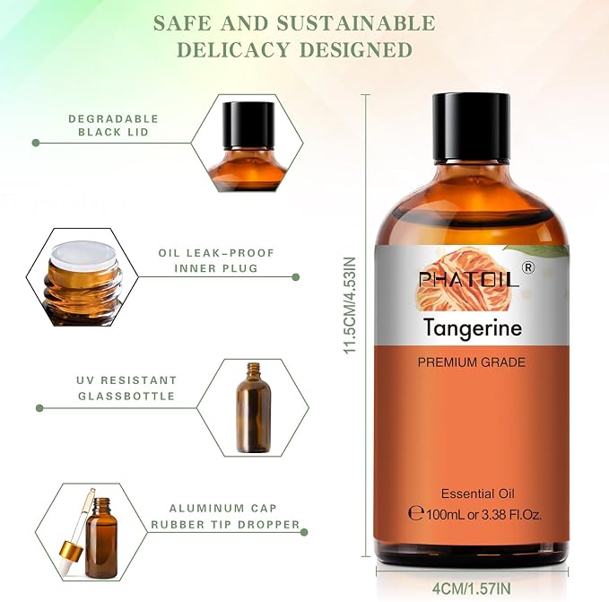 PHATOIL 3.38FL.OZ Tangerine Essential Oil, for Aromatherapy Diffusers, Humidifiers, Great for DIY Candle and Soap Making, Huge 100ML Bottle