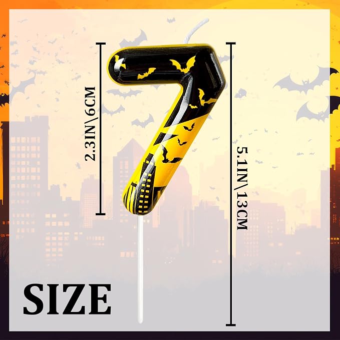 Black Yellow Number 7 Birthday Candle for Cake – Dark Night Hero Style with Bat & City Silhouette Design – Unique Cake Topper for Birthday, Anniversary, Themed Party Decoration