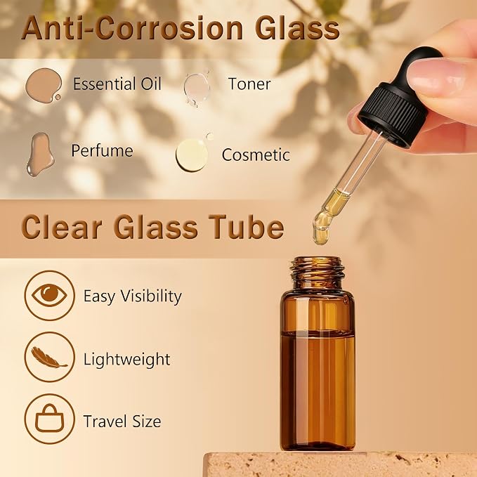 Elfenstall- 10pcs 10ml 1/3oz Amber Mini Glass Bottle Amber Sample Vial Small Essential Oil Bottle with Glass Eye Dropper Refillable Containers + 1pc Clean Cloth + 1pc 3ml Dropper