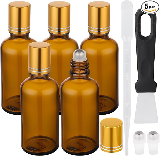 Segbeauty 1.7oz Thick Glass Amber Roller Bottles for Essential Oils, 5pcs Travel Roll On Perfume Bottles, 50ml Refillable Roller Ball Applicator for Eye Essence, Empty Rollerball Bottle for Castor Oil