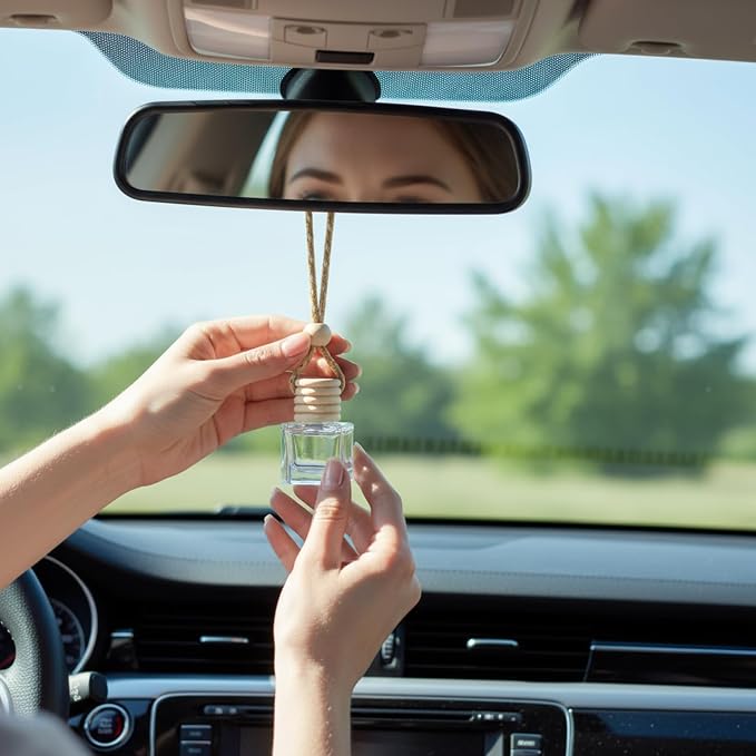 Boao 25 Sets Hanging Car Air Freshener Diffuser Bottles Empty Bulk with Car Diffuser Instruction Cards Organza Bags Glass Refillable Essential Oil Fragrance Aromatherapy Pendant (Flat Square,Clear)