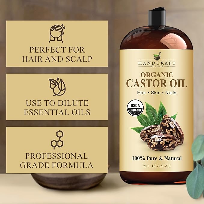 Handcraft Blends Organic Castor Oil 28 Fl Oz | 100% Pure and Natural | Premium Grade Carrier Oil | Hair, Eyelashes and Eyebrows | Hair and Body | Expeller-Pressed | Hexane-Free