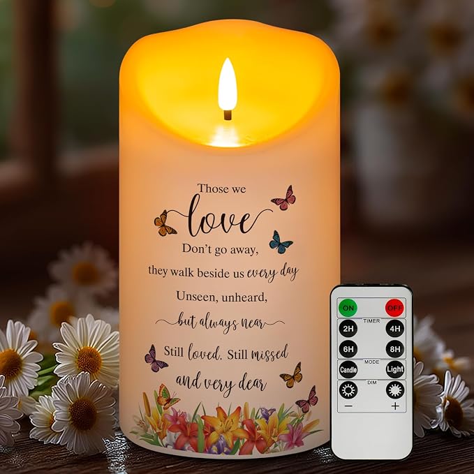 Flameless Memorial Candle, Real Wax LED Light with Remote Sympathy Bereavement Gifts for Loss of Loved One Sympathy Candles for Loss of Mother Father Mom Dad Son Remembrance Gifts (4" x 7")