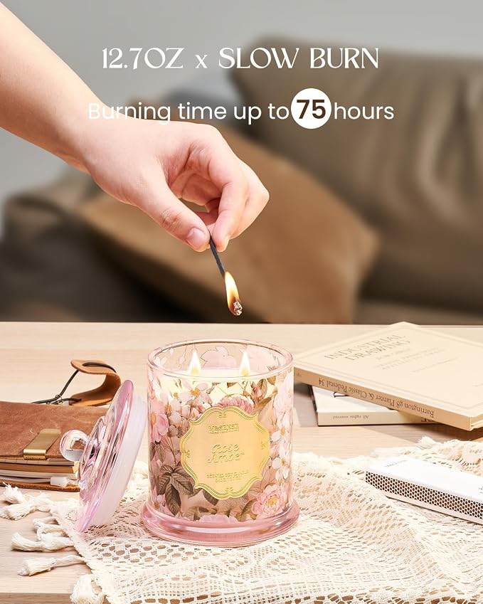M&SENSE Rose Amber Candle 12.7oz Romantic Gift 2 Wick | Organic Soy, Non-Toxic, Relax Scent, Ideal Gifts for Women, 75 Hours Long Lasting