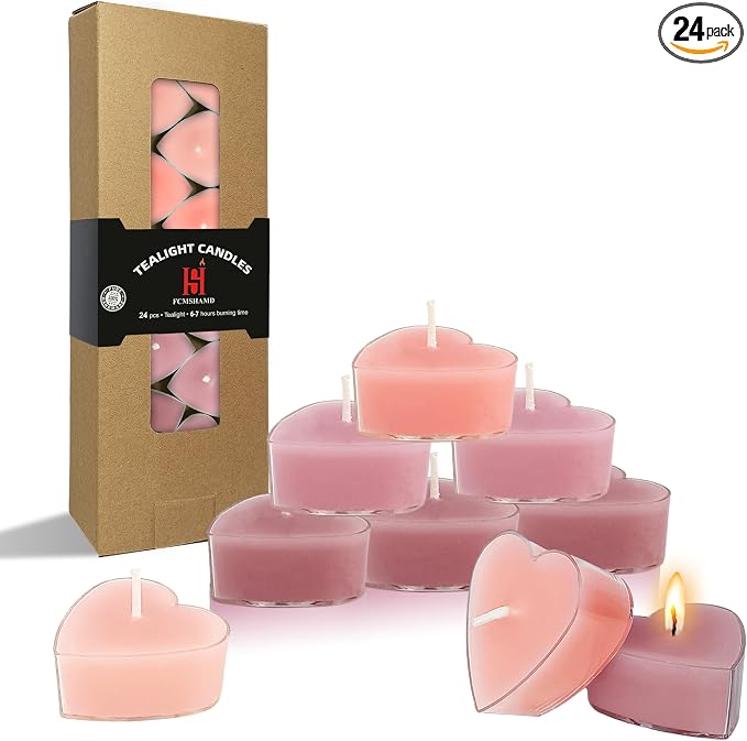 Rose Scented Heart Tealight Candles, Gradient Pink Scent Tea Lights Candles Clear Cup, 24 Pack Colored Tealights Candle, 4 Hour Burn Time Tea Candles for Weddings Romantic Valentine's Day Decor