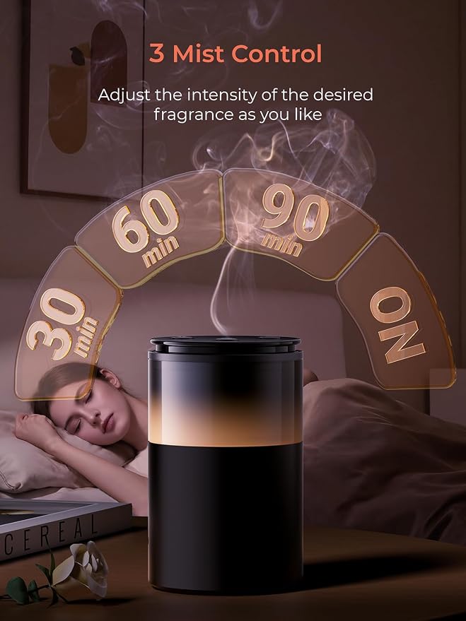 Battery Operated Waterless Diffuser – Portable Scent Machine for Car, Office & Bedroom, Ultrasonic Aroma Mist with 9 Color LED Light, Mini Essential Oil Diffuser Obsidian Black