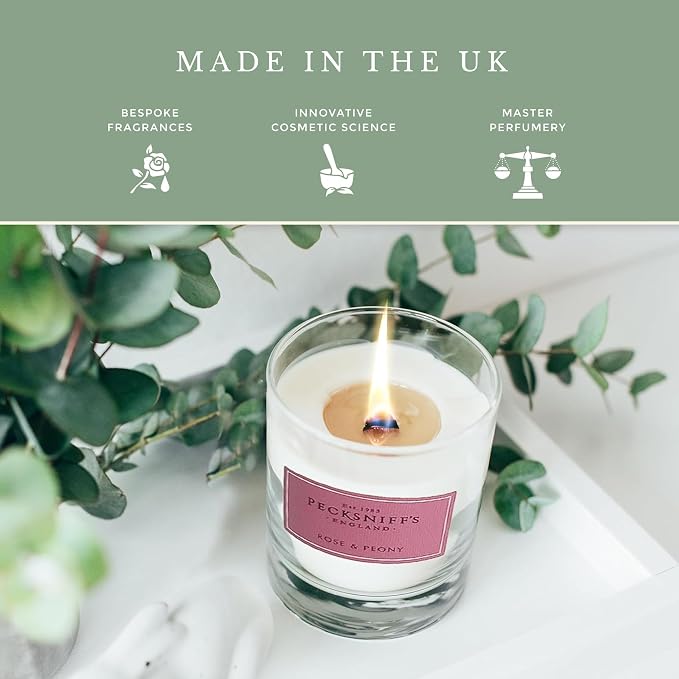 Pecksniffs White Scented Candle - Rose & Peony Fragrance Candles for Home Scented - Elegant Glass Vessel - 1 Wick Luxury Candles, 184g/6.49oz