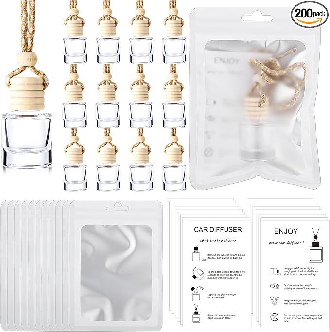 Boao 200 Sets Hanging Car Air Freshener Diffuser Bottles with Instruction Card and 4 x 6'' Resealable Holographic Bag for Empty Car Essential Oil Perfume Bottles Packaging (Cylinder)