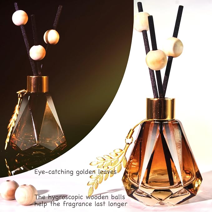 Meinvcisi 4 Empty Fragrance Glass Diffuser Bottles, Refillable Diffuser Bottles with 20pcs Reeds Sticks &12 Wood Balls&4 Metal Leaves, Reed Diffuser Set, Diamond Style,60ML, Gradient Brown.