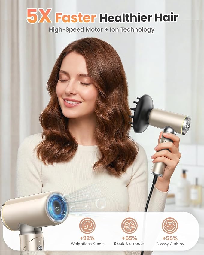 WEEYUM Travel Hair Dryer Dual Voltage for Europe Foldable, High Speed Ionic Blow Dryer Fast Drying,100-240V Portable Dryers with Magnetic Nozzles,1300W-black
