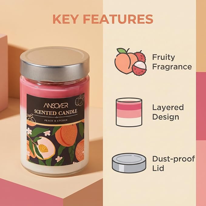 Scented Soy Candles, Peach & Lychee, 11oz | Aromatherapy Jar Candle, 70 Hour Burn Time, Long Lasting, Gift Candle