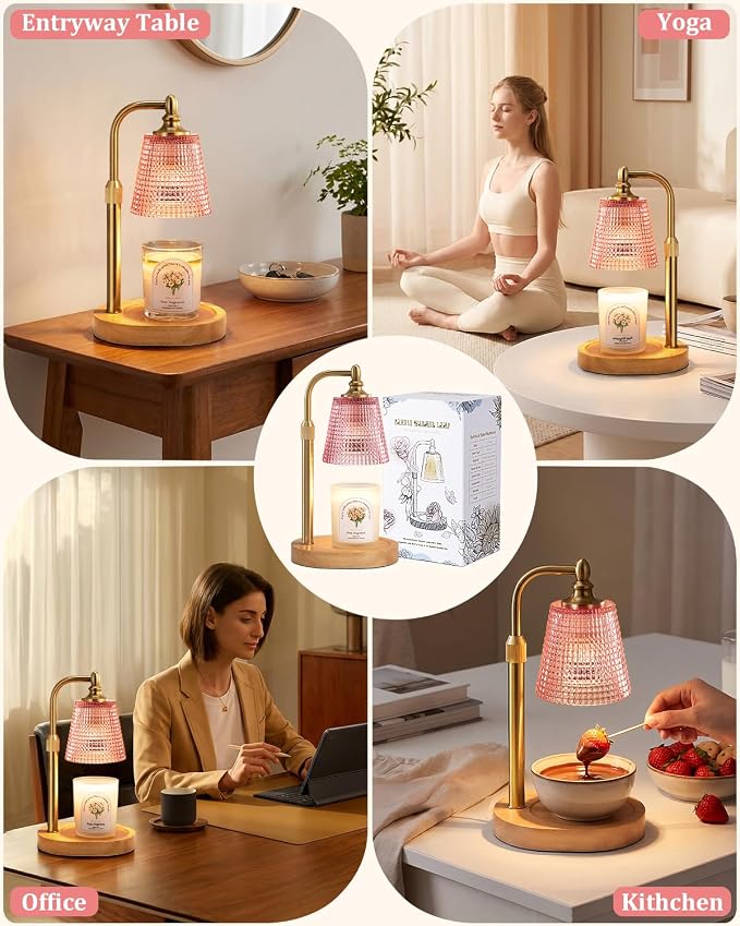 Hong-in Candle Warmer Lamp with Timer Dimmer, Birthday Gifts for Women, House Warming Gifts for New Home, Vintage Room Decor, Adjustable Height Candle Lamp, Wax Warmer for Scented Jar Candles, Pink
