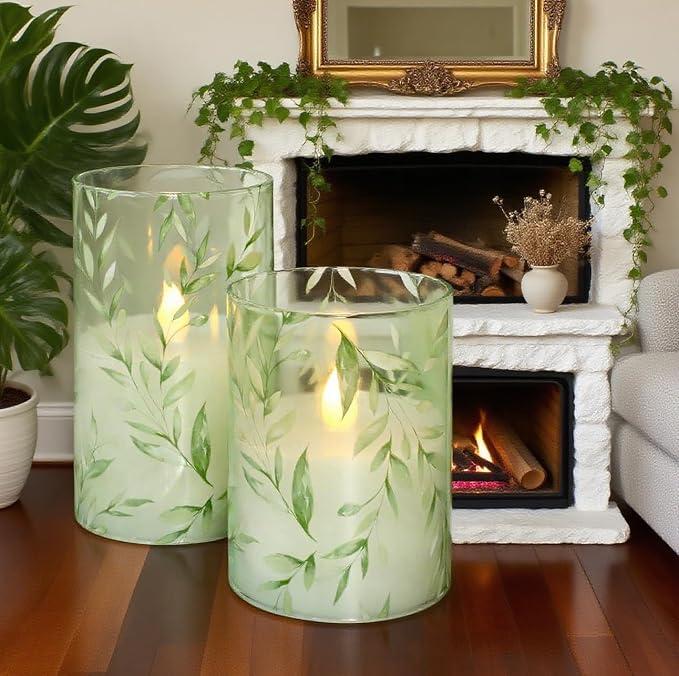 Green Flameless Candles with Remote Control - Willow Leaf Design Battery Operated Candles - Elegant Home Christmas Spring Summer Decor Set of 3