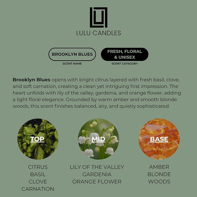 Lulu Candles | Brooklyn Blues | Smells Herbaceous & Floral | Luxury Scented Soy Jar Candle | Hand Poured in The USA | Highly Scented Long Lasting (9 Oz.)