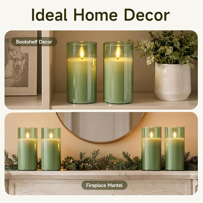 Homemory Sage Green Glass Flameless Candles Battery Operated LED Pillar Candles with Remote and Timer, Real Wax Flickering Candles Home Decor, Wedding, Easter, Farmhouse, Table Centerpieces, Set of 2