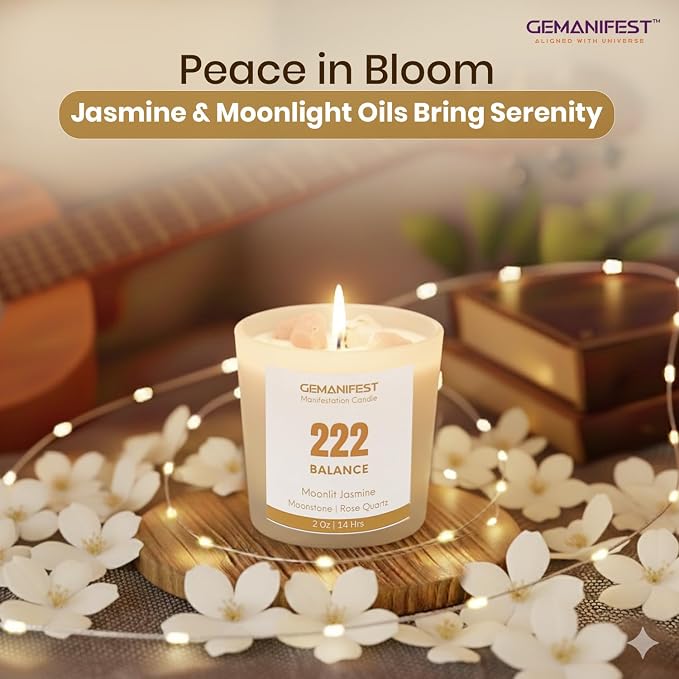 Angel Number 222 Manifestation Candle Crystal Infused Soy Wax with Moonstone & Rose Quartz Moonlit Jasmine Scented Spiritual Gift for Balance Meditation Affirmation and Energy Alignment