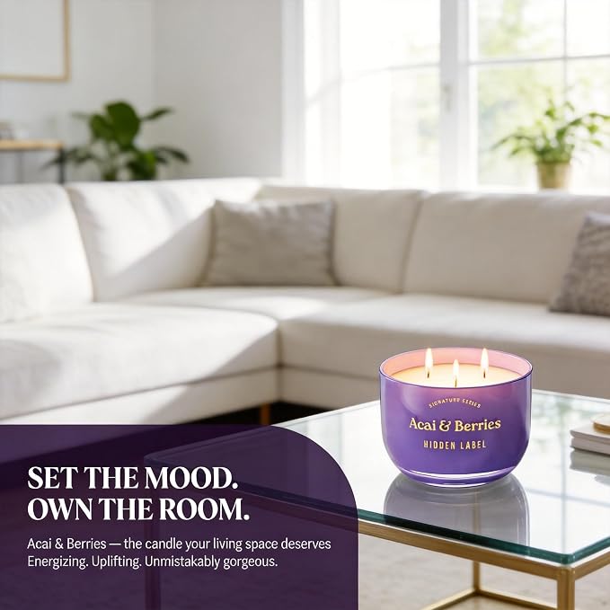 Hidden Label Acai & Berries Scented Candle, 18oz 3 Wick Large Soy Wax Candle, 70 Hour Burn | Non Toxic Aromatherapy Candle for Home, Mood Boost & Energy | Luxury Candle Gift for Women and Men